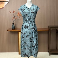 Cool-Tone Grey Ink Print V-Neck Waist-Tie Dress, Zen-Style Elegant Sleeveless Midi Dress