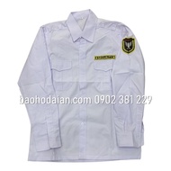 Long-sleeved white security guard uniform shirt with sleeve and chest logo