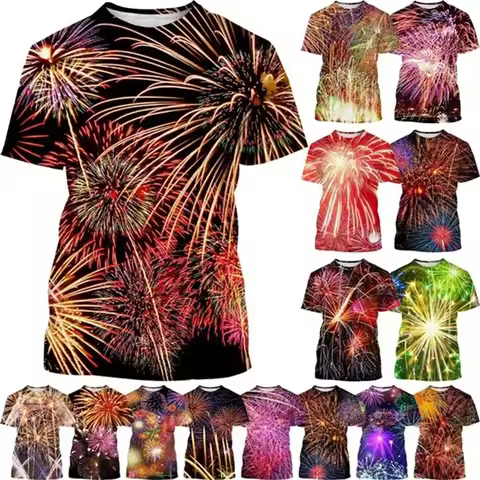 New Fireworks 3D Printing T-shirt Rainbow Flame Round Neck Short Sleeve Colorful Flame Pattern Men W