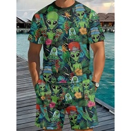 Men Men's 3D Digital Printed Round Neck Short-Sleeved Suit Summer Beach Eye-catching Alien Invasion 
