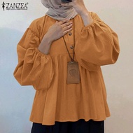 ZANZEA เสื้อคอกลมผู้หญิงแขนยาวล้วน,เสื้อลำลองหลวมแขนกระดิ่งมุสลิม