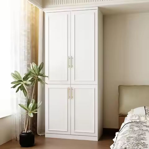 Wardrobe Closet with 4 Doors, Modern White Bedroom Armoire with Gold Handles, Hanging Rod for Cloakr