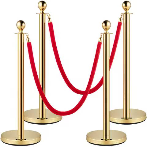 SucceBuy Gold Crowd Control Barrier 5 ft/1.5 m Elegant Velvet Ropes and Posts Stainless Steel Stanch