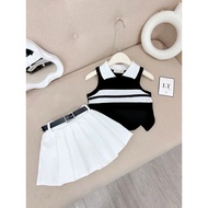 Set bộ bé gái H18 Set áo kẻ đen sát nách chân váy trắng kèm dây lưng cho bé