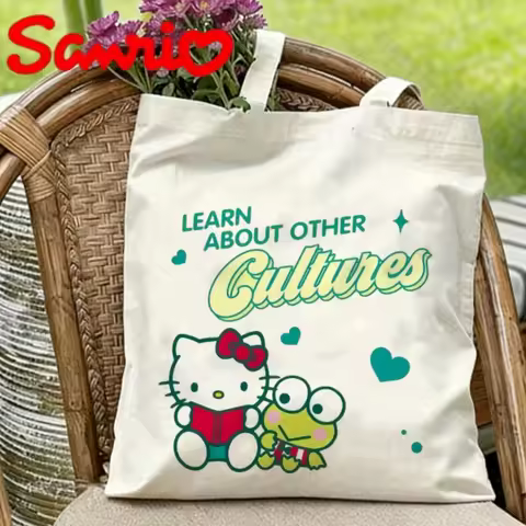 1PC Sanrio Hello Kitty & Keroppi “Learn About Cultures” Print Eco-friendly Canvas Shoulder Bag