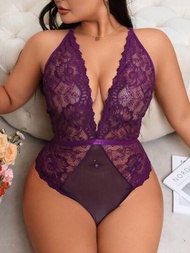 SHEIN Lencería sexy de body de encaje de talla grande con escote en V profundo y cuello halter ajustado y transpirable