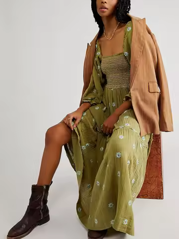 Women Bohomian Vintage Lantern Long Sleeve Square Neck Embroidery Flower Beachwear Loose Swing Maxi 