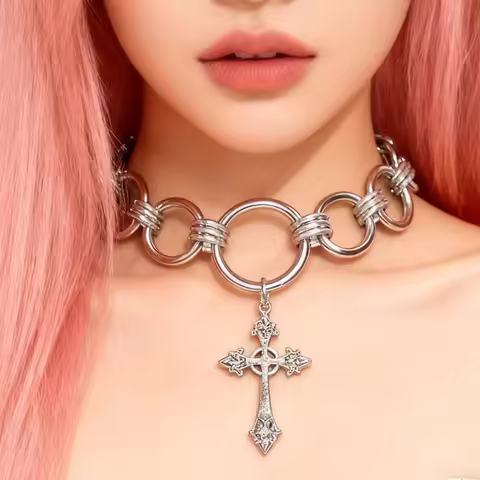 Goth Jewelry Cross Pendant Necklace for Women Punk Rock Grunge Cool Necklace Accessories Hip Hop Fas