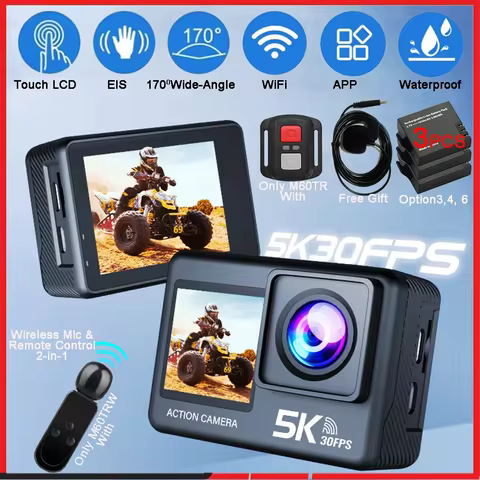 5K 4K60FPS Action Camera 50MP 2" Touch Dual Screen 5X Zoom Wi-Fi EIS 170° DVR Webcam Wireless Mic 30