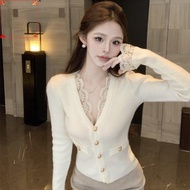 [Loveshoping1] Short Cardigans V Neck Elegant Lace Patchwork Vintage Woman Sweaters Autumn Winter Ko