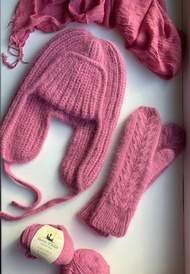 保暖耳罩帽和手套套裝，手工編織的冬季安哥拉帽和手套