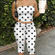 Women's White With Black Polka Dots Summer Crop Tube Top And Capri Activewear Set,Casual City Break 