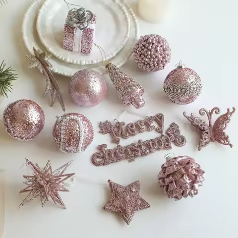 Fashion Pink Foam Christmas Ball Pendant Shiny Glitter Diamond Powder Christmas Tree Decorations For