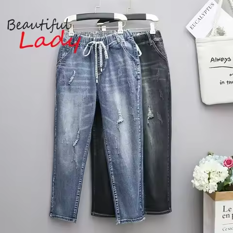 Large Size Baggy Jeans Woman High Waist Loose Harem Pants Elastic Cotton Denim Pants Women Denim Jea