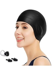 游帽,矽膠泳帽適合女士男士,耐用防滑防水泳帽保護耳朵,長款頭髮適用於成年人,
