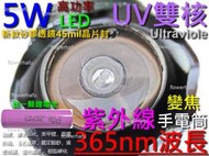 手電筒 5W 紫外光365nm 變焦LED 送三星鋰電池 紫外線 票據防偽鑑定驗鈔玉石翡翠液壓檢漏螢光纖維硬化樹脂UV膠