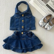 Girls Summer Suit 2025 New Halterneck Top Ruffled Children Short Skirt Two-Piece Sui e8ayU13oHP0114