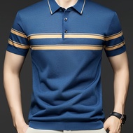 TEMU เสื้อกอล์ฟชาย Xingmengzhi OBM แขนสั้น ลายทาง คอตัดตกแต่ง ดีไซน์ปุ่มหน้า ใส่สบาย เหมาะสำหรับฤดูใ