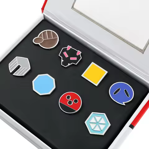 8Pcs/Box Gym Badges Sinnoh Unova Kalos Kanto Johto Hoenn League Region Orange Islands Pins Brooches 