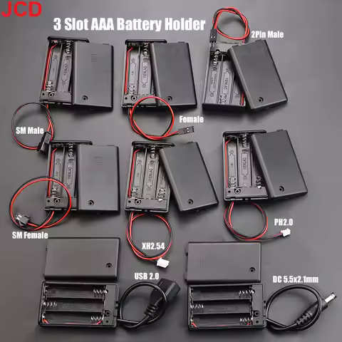 JCD 1pcs 3 Slots AAA Battery Holder Storage Case Box With DC 5.5*2.1 PH2.0 XH2.54 SM Terminal Leadwi
