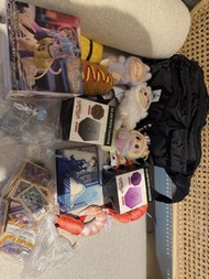 一堆雜物，LABUBU公仔，Figure，舊版Pokemon 機卡牌，綾波麗公仔，兩隻Eva杯，一個爛左既袋，4隻公仔