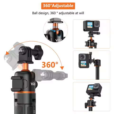 VRIG TP-08S Selfie Stick Tripod W 360 Ballhead Coldshoe Mini Tripod for Gopro 12 11 10 9 8 Action4/ 