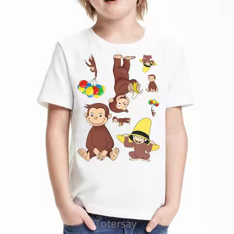 funny kids clothes Curious George cartoon print t shirt for boys monkey eating banana tshirt camiset