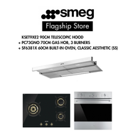 SMEG Bundle 70cm Gas hob (Glass) 3 zones + 60cm Analog Oven + Optional Non Wall Mounted (KSET6XE2) Or Wall Mounted Hood (KBT900XE or KBT9L4VN)