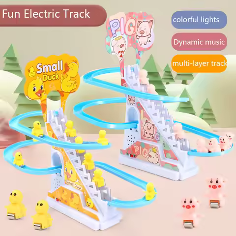 Electric Duck Climbing Stairs Slides Set with LED Flashing Lights Music Race Car Tracks Roller Coast