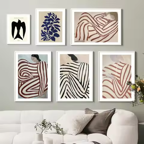 Sofia Lind Striped Pajamas Woman Geometry Leaf Nordic Poster Wall Art Print Canvas Painting Retro Pi