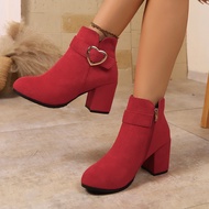 2025 Autumn Thick Heel Large Size Love High Heel Round Toe Suede Women Short Boots Side Zipper Fashi
