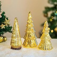 Hewory Mercury Glass Christmas Tree: Set of 3 Gold Table Top Christmas Ornaments Trees with LED Ligh