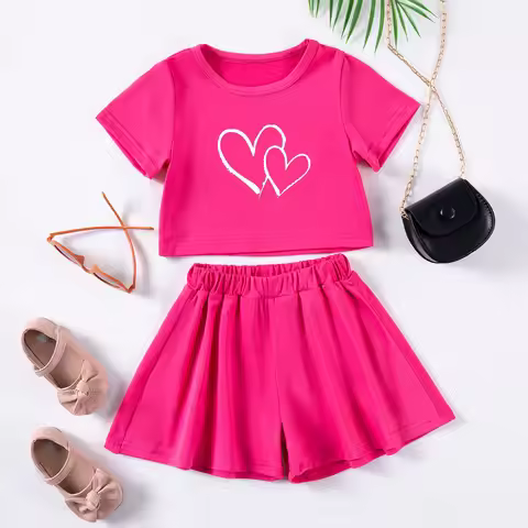 Young Girls Summer New Double Heart Printed Solid Color Suit Short Sleeve Shorts Casual 2pcs Kids Tr