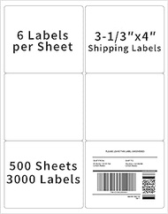 3-1/3" x 4" Shipping Labels,Printable White 6 UP Labels for Laser/Inkjet Printers,Self Adhesive FBA 