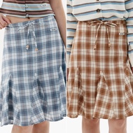 POCKETWOOD-Faye Midi Skirt [Pre-Order Fog Blue size S M L Shipping 31 Jan] Plaid With Wooden Beads O