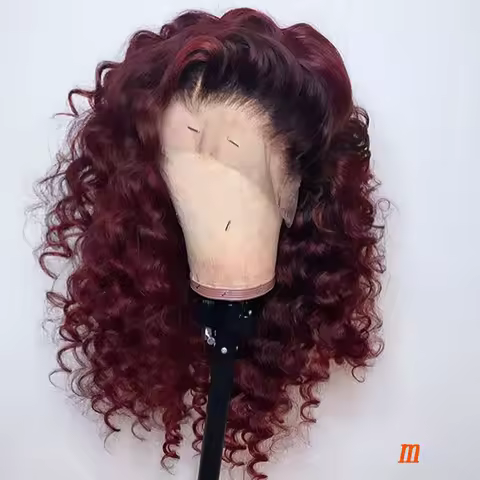 Ombre 99J Burgundy 360 Frontal Red Deep Wave 13x6 Lace Front Human Hair Wig Prepluck Curly Silk Base