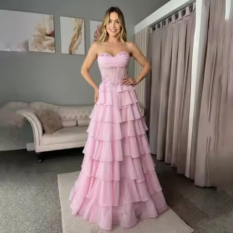 Sharon Said Tiered A Line Prom Dress Sequined Pearls Pleated Chiffon Sweetheart Formal Party Gowns f