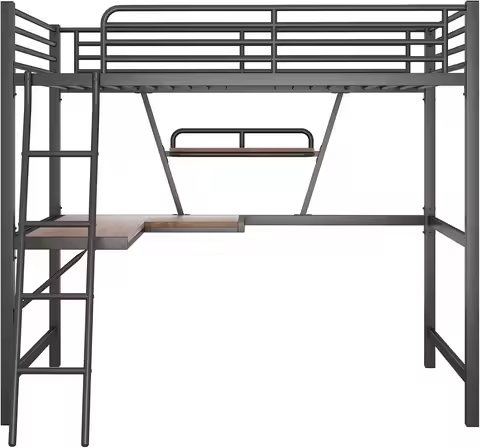 Full Size Metal Loft Bed Frame, Loft Bed With L Shaped Desk, Loft Bed With Ladder And Shelf For Kids