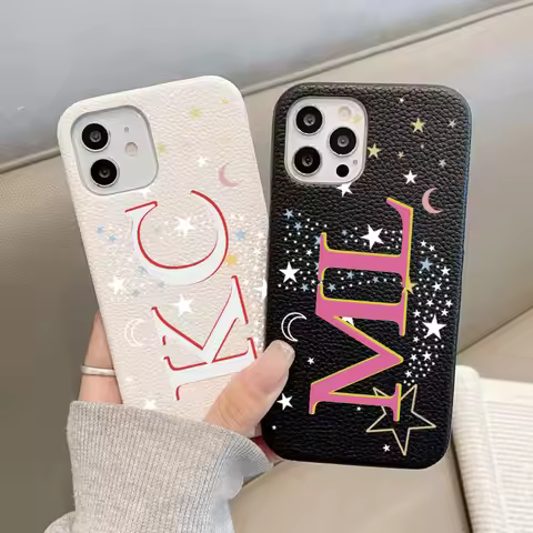 Personalised Initial letters Pebble Grain Leather Case for iphone 12 14 13 15 16 17 Pro Max 17pro Ai