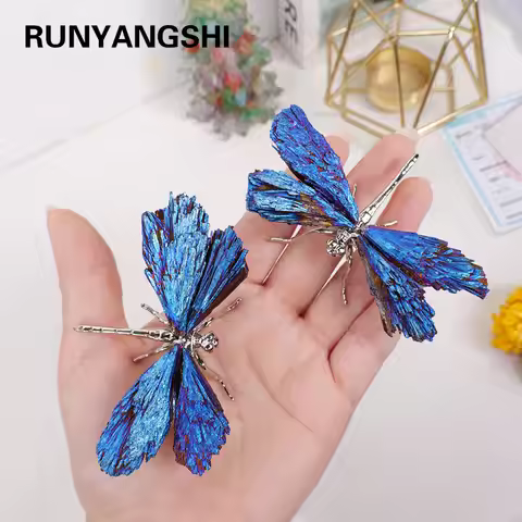 1pc Natural Crystal Stone Black Tourmaline Aura Blue Flame Feather DIY Dragonfly Animal Decoration W