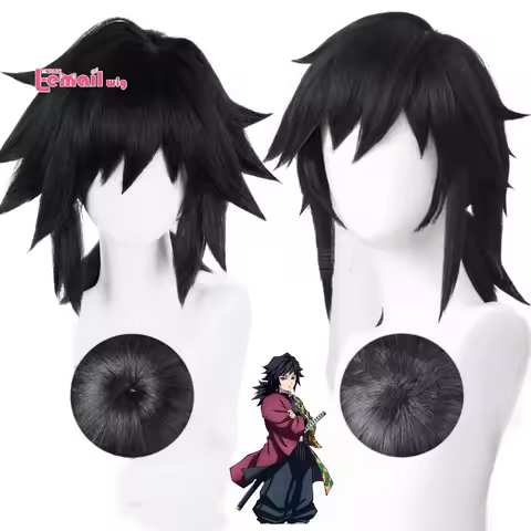 L-email Wig Anime Demon Slayer Tomioka Giyuu Cosplay Wig 40CM Black Ponytail Synthetic Heat Resistan