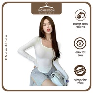 [With Real Video + Photo] Square Neck Long Sleeve Female Body Shirt Split 2 Sides Slim Waist - Nomi Noon 628