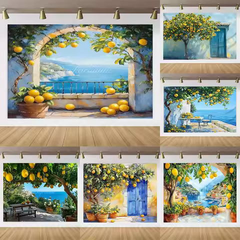 Mediterranean landscape Lemon Tree Harvest Backdrop Ltalian Town Garden Lemon Tree Festival Annivers