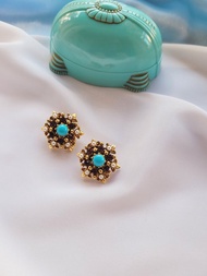 美國西洋古董飾品 / FLORENZA 人造綠松石珍珠 鳶尾花 復古夾式耳環