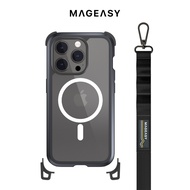 MAGEASY iPhone 15 Odyssey M STRAP頂級磁吸超軍規防摔掛繩手機殼/ 支援MagSafe/ 皮革黑/ 6.7吋 Pro Max