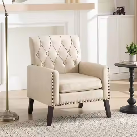 Century Modern Accent Chair, Ivory Faux Leather Office Chair for Reception Tufted Leather Club Chair