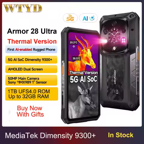 Ulefone Armor 28 Ultra 5G AI Thermal Imaging Rugged Phone 16GB+1TB Night Vision 10600mAh 6.67" Dimen