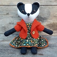 Badger girl, handmade plush doll, badger stuffed wool toy