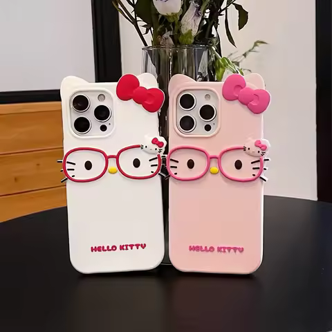 3D Cute Glasses Kitty for iPhone 4S 5 5S 16 Pro Max 15 Plus 14 Pro 13 12 Mini 11 7 8 Plus SE 6S Cart