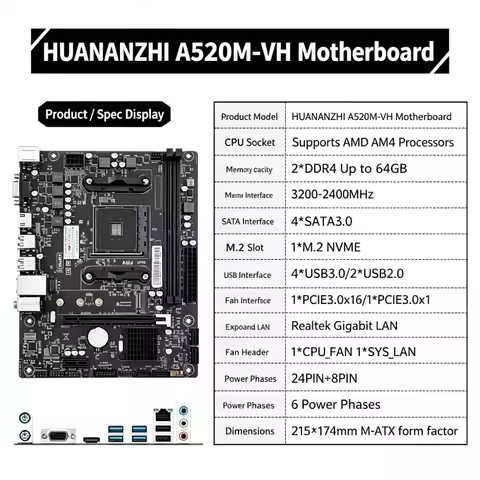 HUANZHI A520M-VH AM4 Motherboard Supports AMD Socket AM4 Ryzen Series CPU M.2 NVMe DDR4 Dual Channel